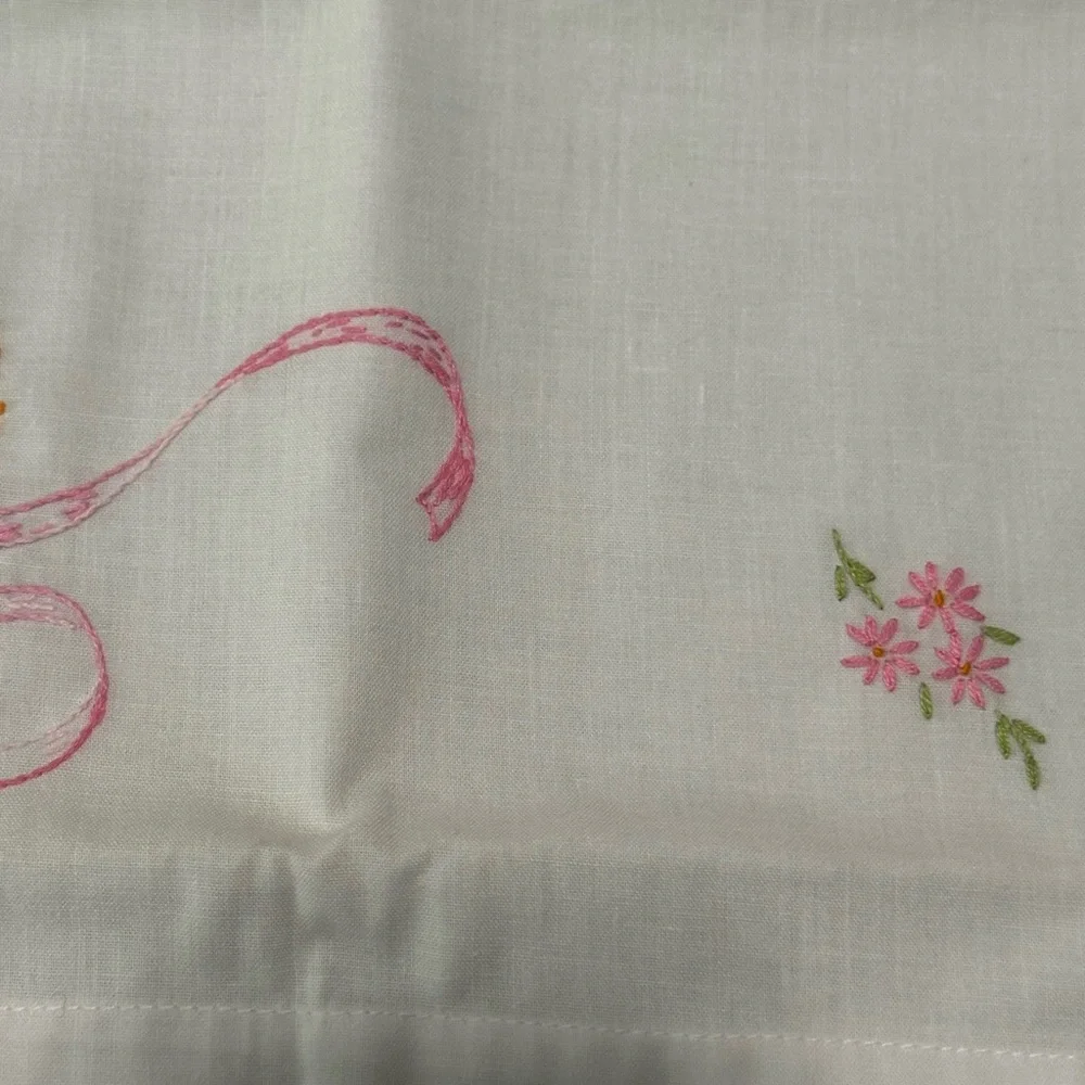 Vintage embroidered set of pillowcases pink bow purple flowers dainty wildflower